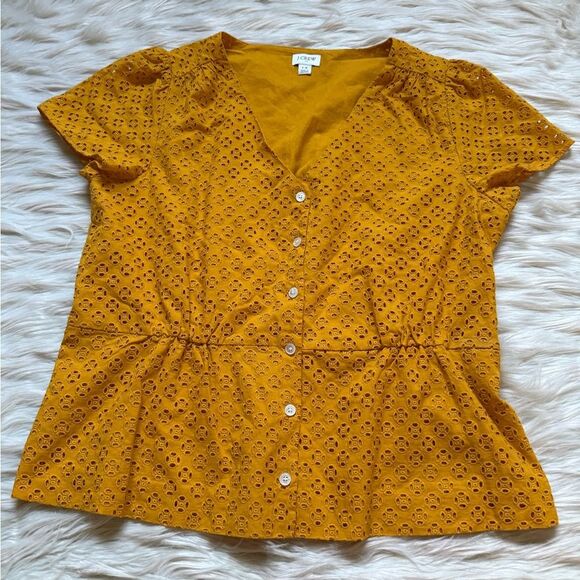 J.Crew Eyelet Peplum Button Front Top in Mustard - Size 14 - Picture 3 of 9